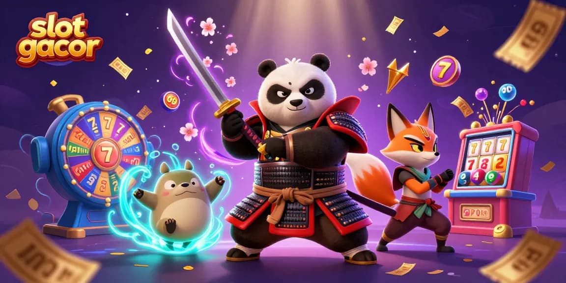 Memenangkan slot gacor dengan panda samurai dan rubah ninja dalam suasana penuh warna dan energi.