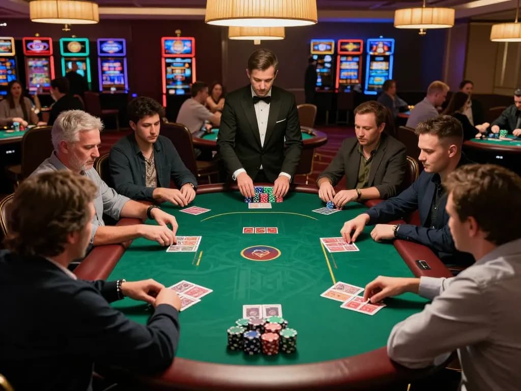 Engaging poker tournament showcasing top quality widgets in casino atmosphere, colorful chips and intense players.