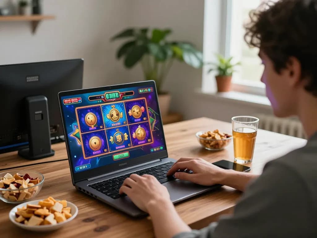 Player enjoying slot games on a laptop in a cozy home setup with snacks