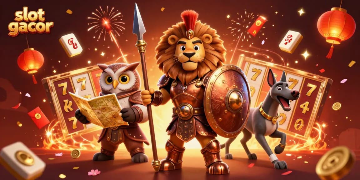 Spin the jackpot reels at slot gacor with the Spartan lion and friends in a festive casino scene.
