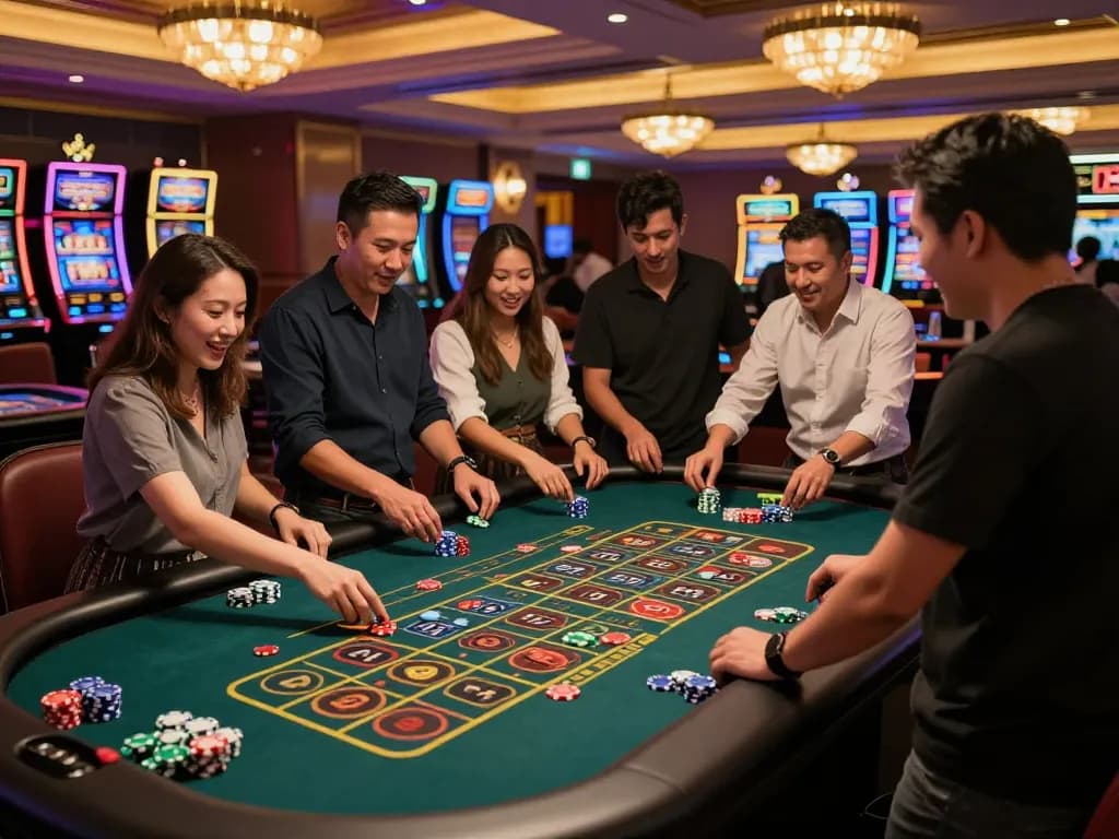 Players engaging at a roulette table in a casino, showcasing excitement and strategies with slot server kamboja in action.