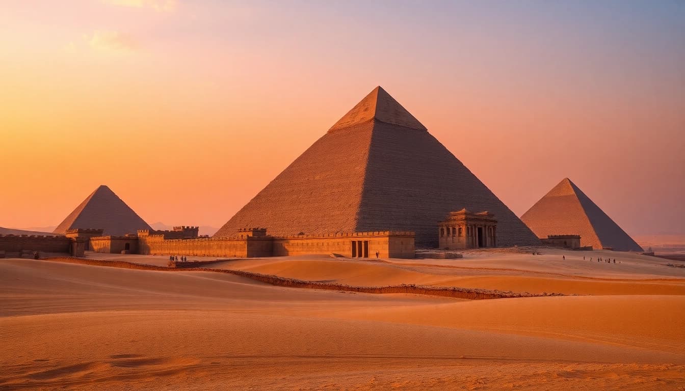 Explore the majestic piraminds illuminated at sunset in a vast desert landscape.