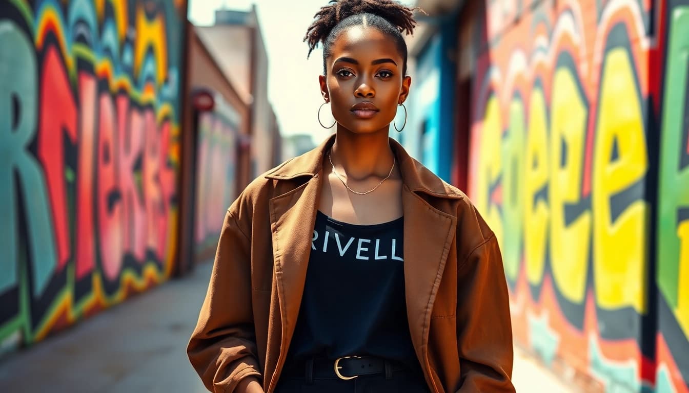 Showcasing Rivelle clothing on a model in a vibrant urban setting with colorful street art.