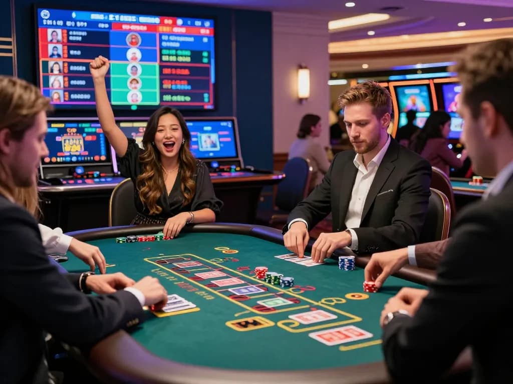 Baccarat table scene in an online casino showcasing players engaged in action at a 바카라사이트 with vibrant ambiance.