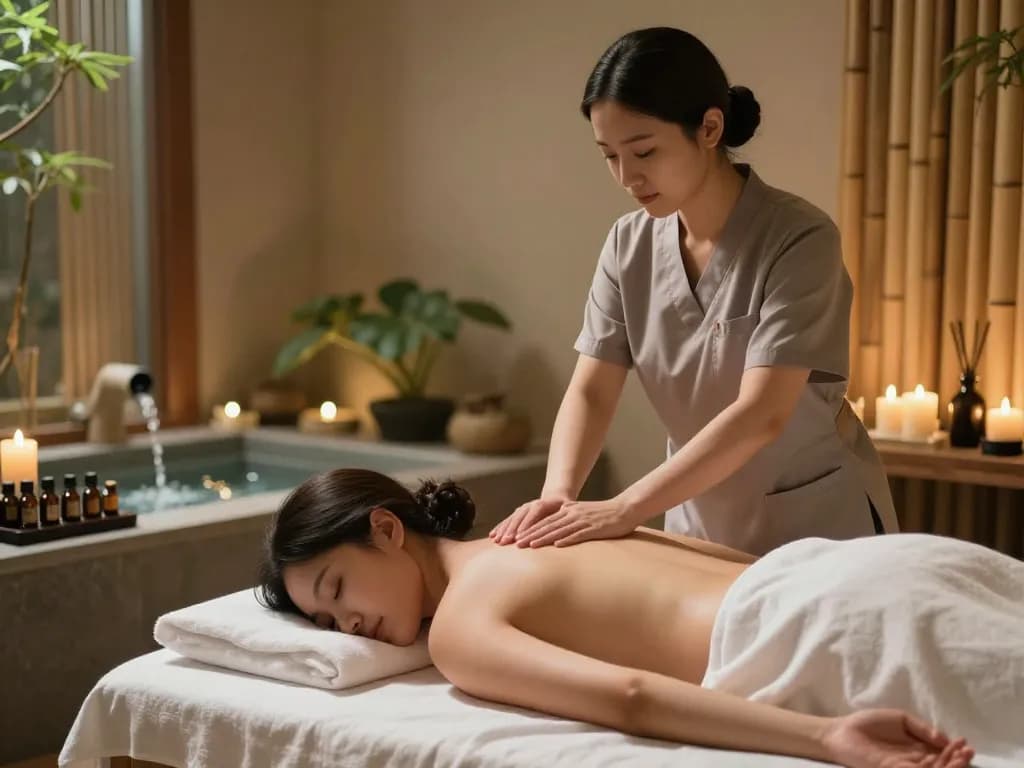부드러운 분위기 조명이 있는 평화로운 스파 환경에서의 편안한 강남스웨디시 마사지 장면.