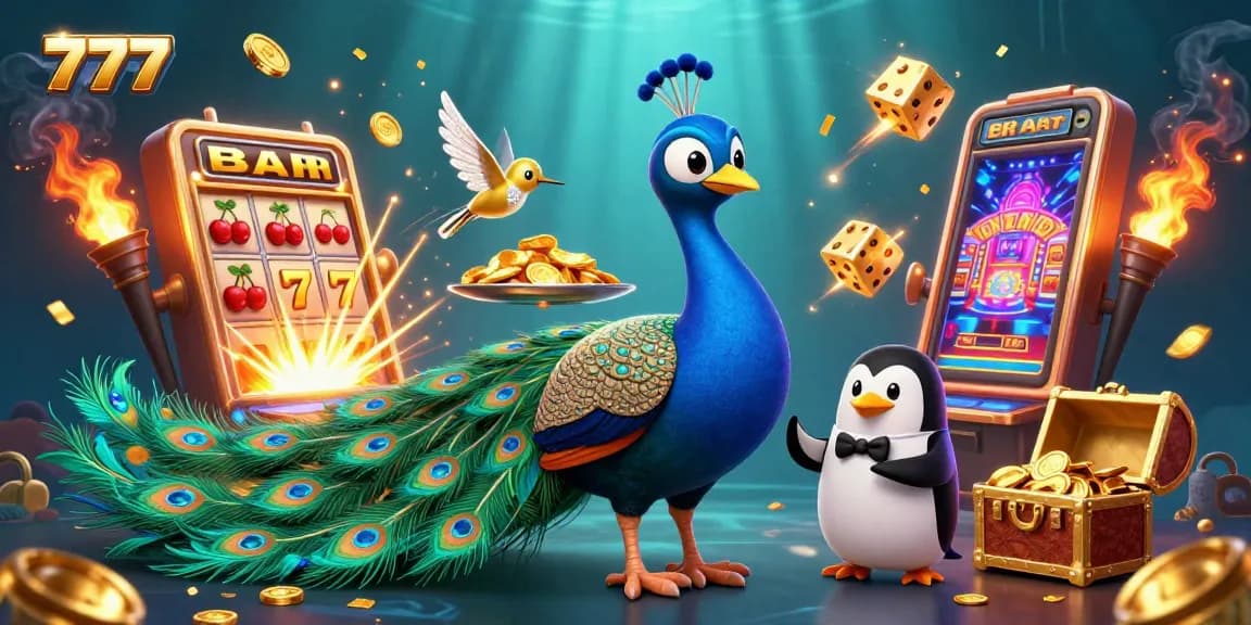 Spin the reels at 777, featuring a vibrant peacock and penguin amid a jackpot explosion.