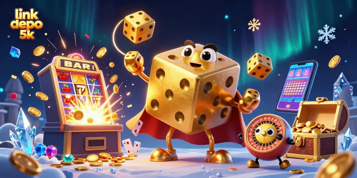 Engage with link depo 5k featuring a colorful casino scene with golden dice and slots.