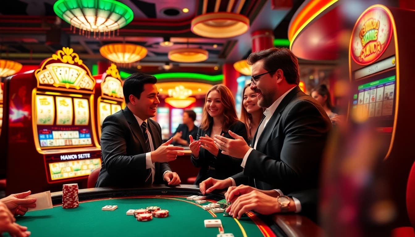 Engage with slot demo mahjong in a vibrant casino scene featuring joyful players at slot machines.
