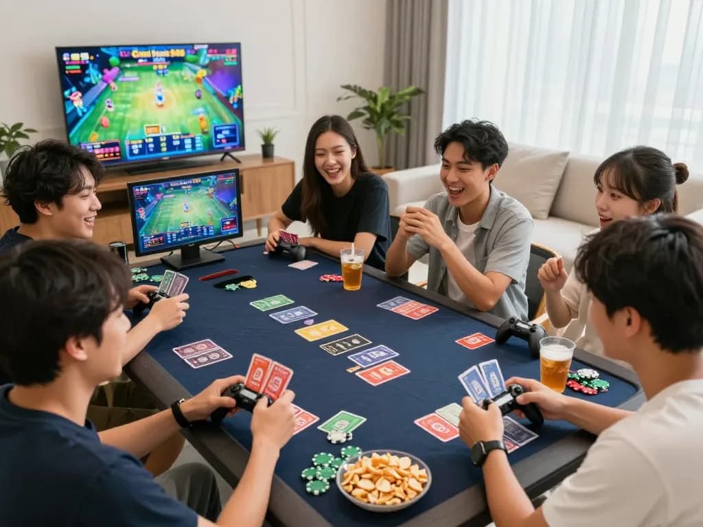 Engaging scene of friends playing Game bài hubet88 in a vibrant living room, surrounded by gaming elements and snacks.