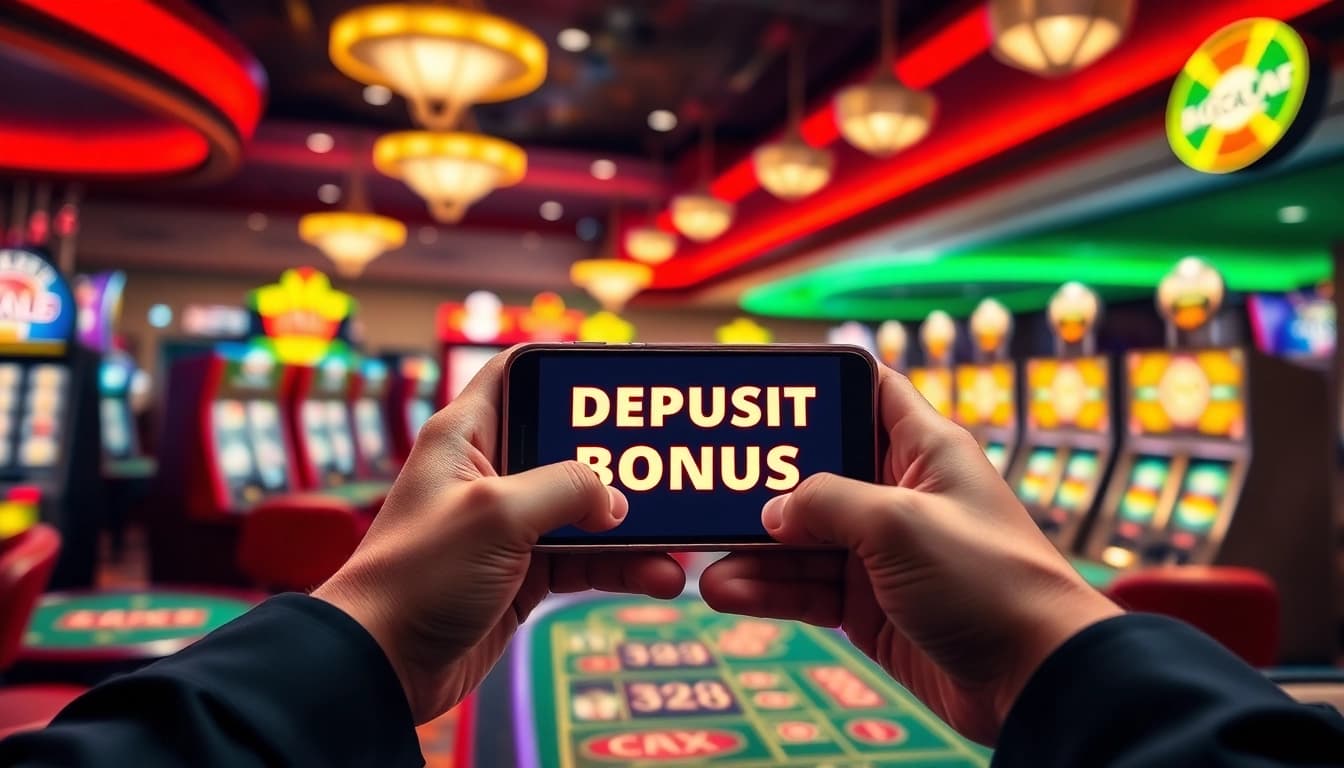 Erleben Sie den casino bonus ohne einzahlung neu auf einem Smartphone in einem lebhaften Casino-Umfeld.