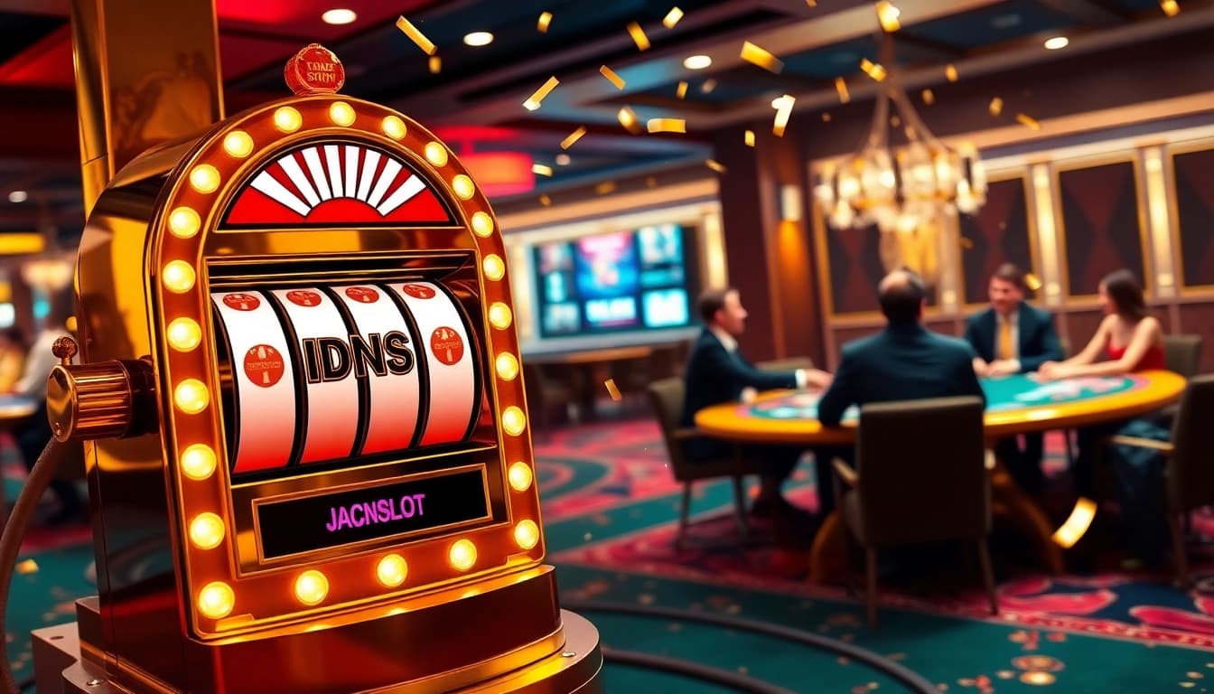 Players enjoying IDNSLOT gaming at an upscale casino slot machine.