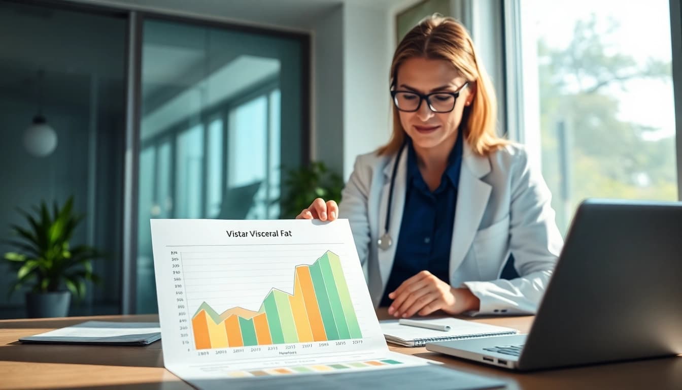 Illustration of visceral fat analysis with charts and notes in a nutritionist's office