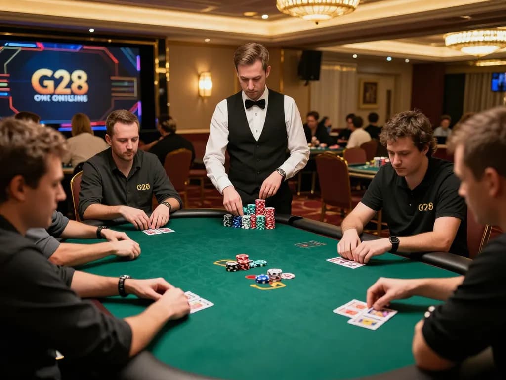 A stunning poker scene showcasing intensity at g28 trang chủ, with players engaged in high-stakes gameplay under warm casino lights.