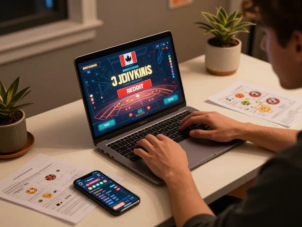 Engaging in Canada online casinos reddit gameplay at home, laptop showing dynamic game interface.