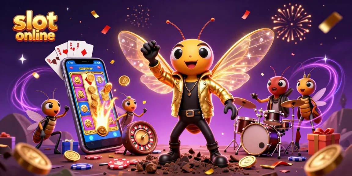 Spin slot online reels with a vibrant cicada rock star, celebrating wins in a colorful casino scene.
