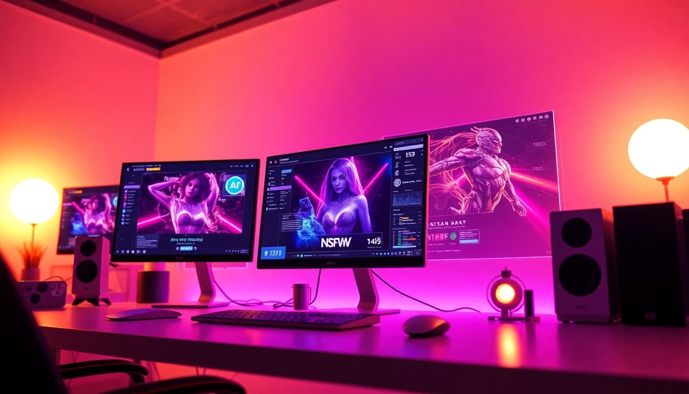 Innovative digital workspace showcasing AI NSFW technology with vibrant screens and futuristic elements.