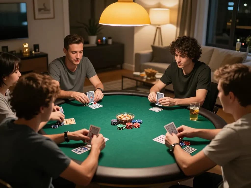 Pemain yang merencanakan strategi dalam permainan poker santai di rumah, menyoroti paris888 saat mereka terlibat dalam permainan kompetitif.