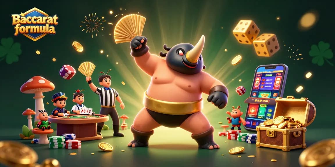 Experience Baccarat formula in this vibrant casino scene with a beetle champion and playing cards.