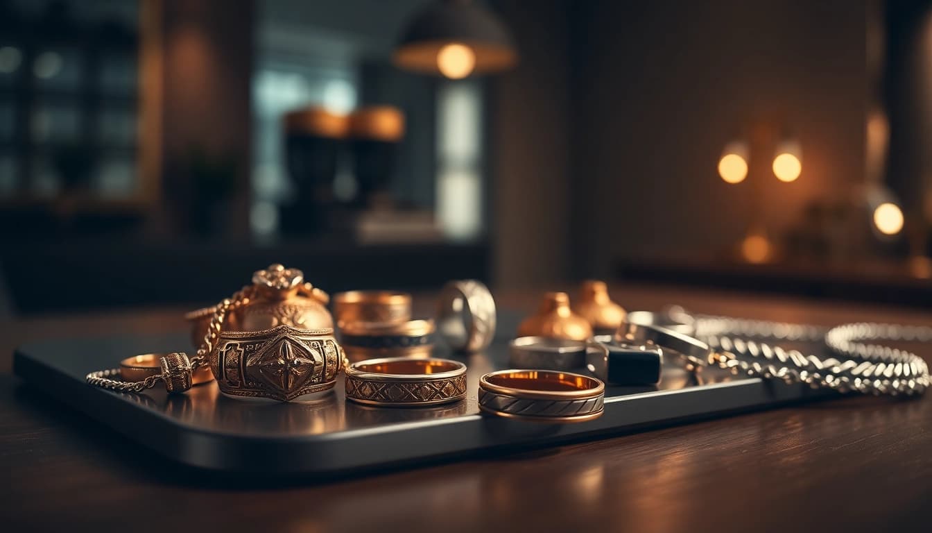 Showcase of men's jewelry featuring rings and bracelets that highlight craftsmanship.