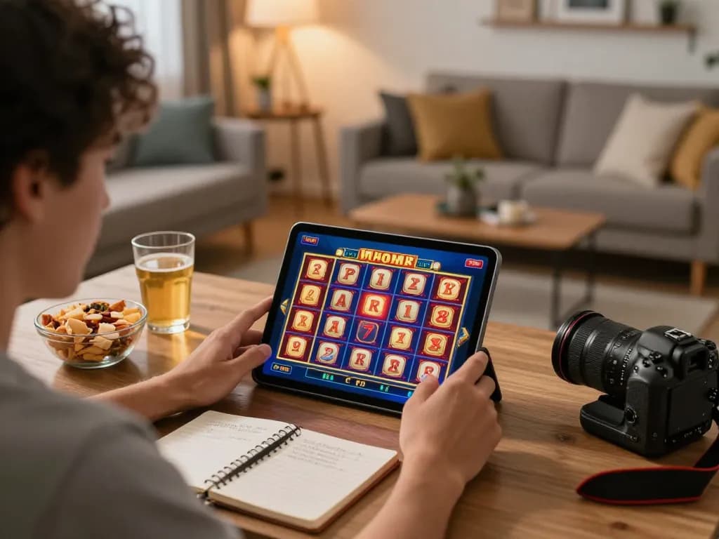 Engaged user playing slots on a tablet in a cozy setting, emphasizing fun and responsible gaming with sunwinapk.