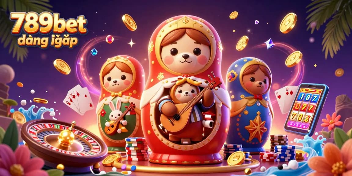 Engage with 789bet đăng nhập to enjoy a vibrant casino-themed 3D illustration depicting winning moments.