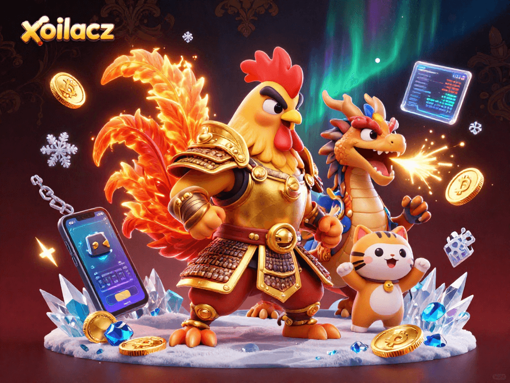 Experience excitement with xoilacz as a fierce rooster warrior battles alongside a dragon in a vibrant casino setting.