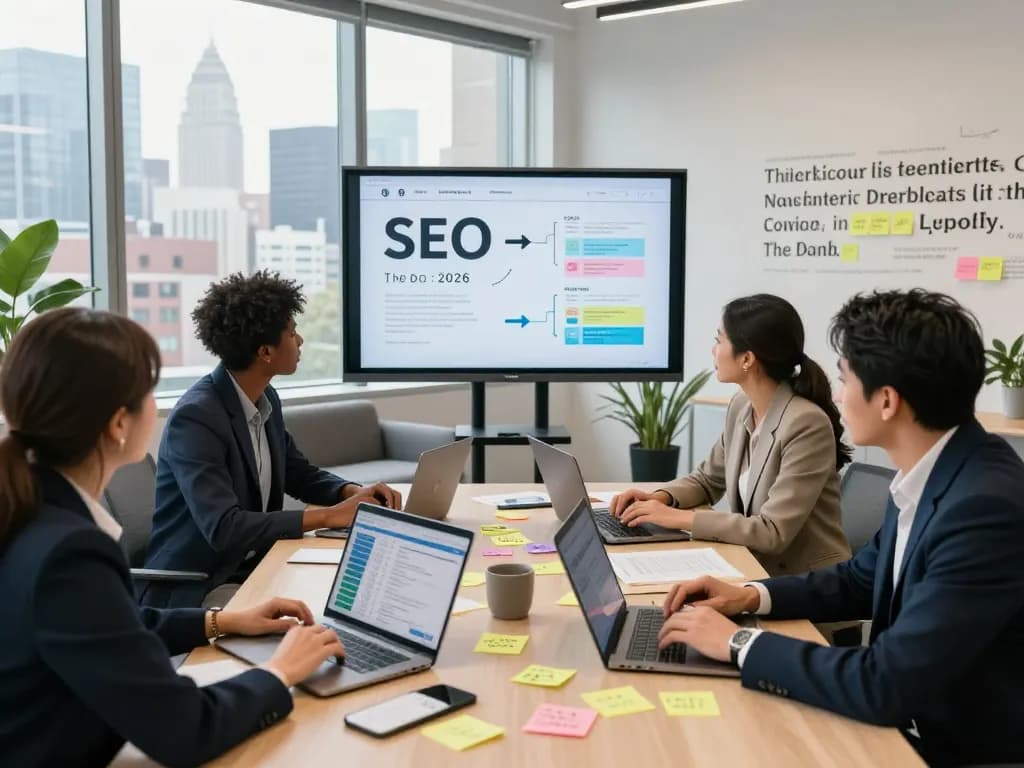 SEO Company in NYC team collaborating on digital marketing strategies in a contemporary office, showcasing teamwork and innovation.