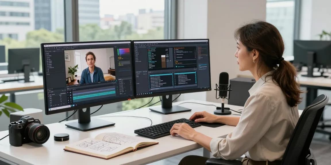 Video to prompt generated from a workspace showcasing a professional analyzing video clips on dual monitors, emphasizing tech creativity.