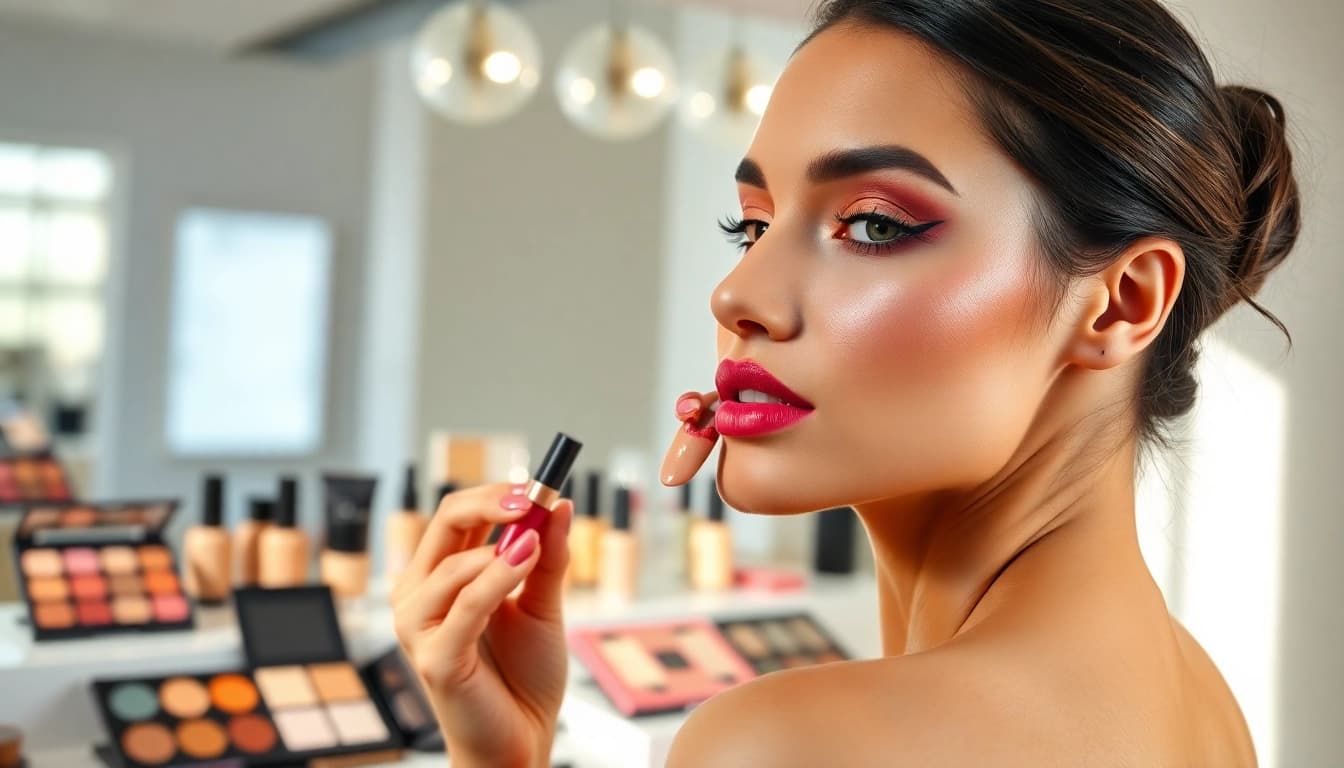 Showcasing vibrant wholesale make up products with a model applying lipstick.