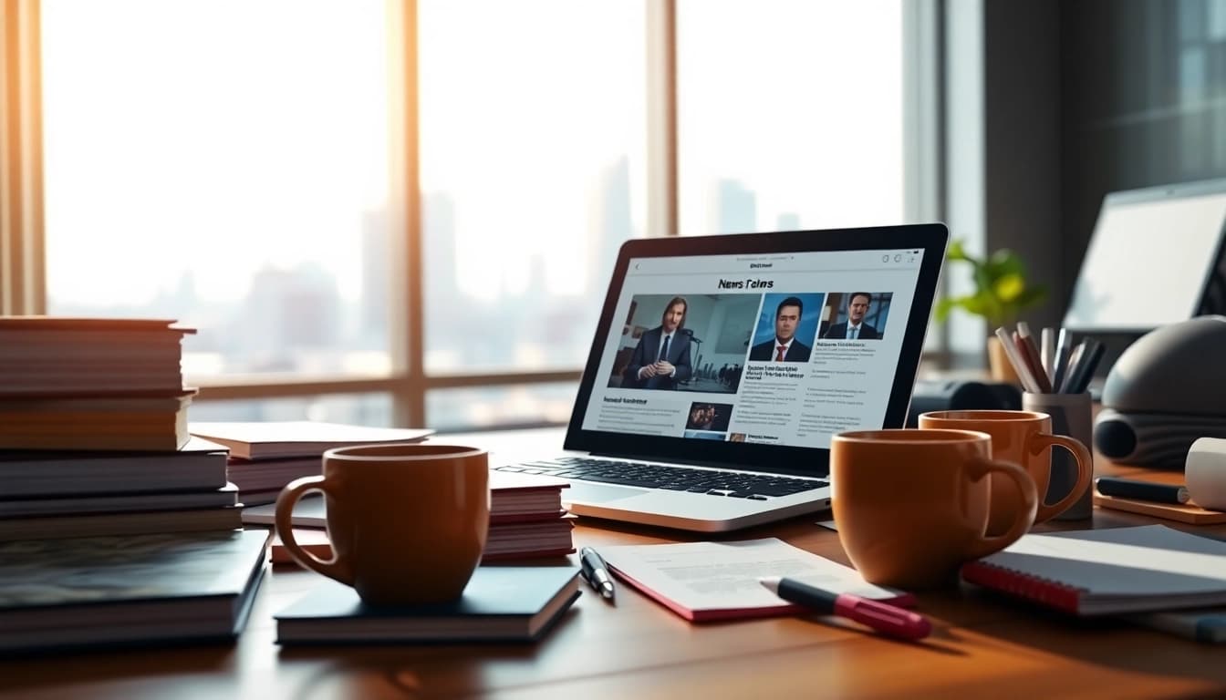 Engaging news desk with a laptop, notepads, and coffee cups, showcasing the essence of news creation.