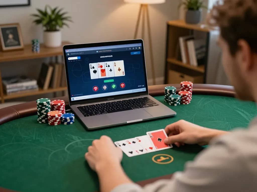 Engaging poker gameplay on DEWAPOKER displayed on a laptop in a cozy home setting.