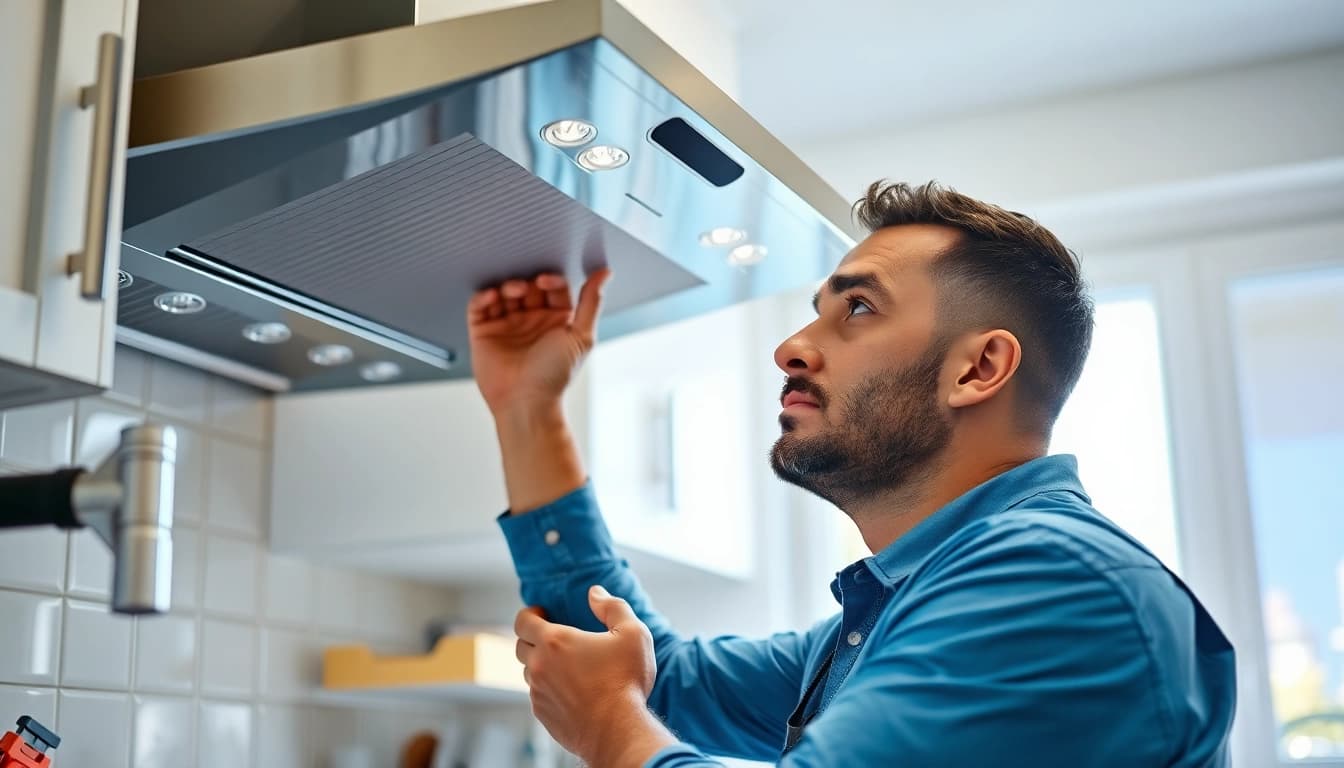 Vent hood repair expert fixing kitchen ventilation with advanced tools and attention to detail.