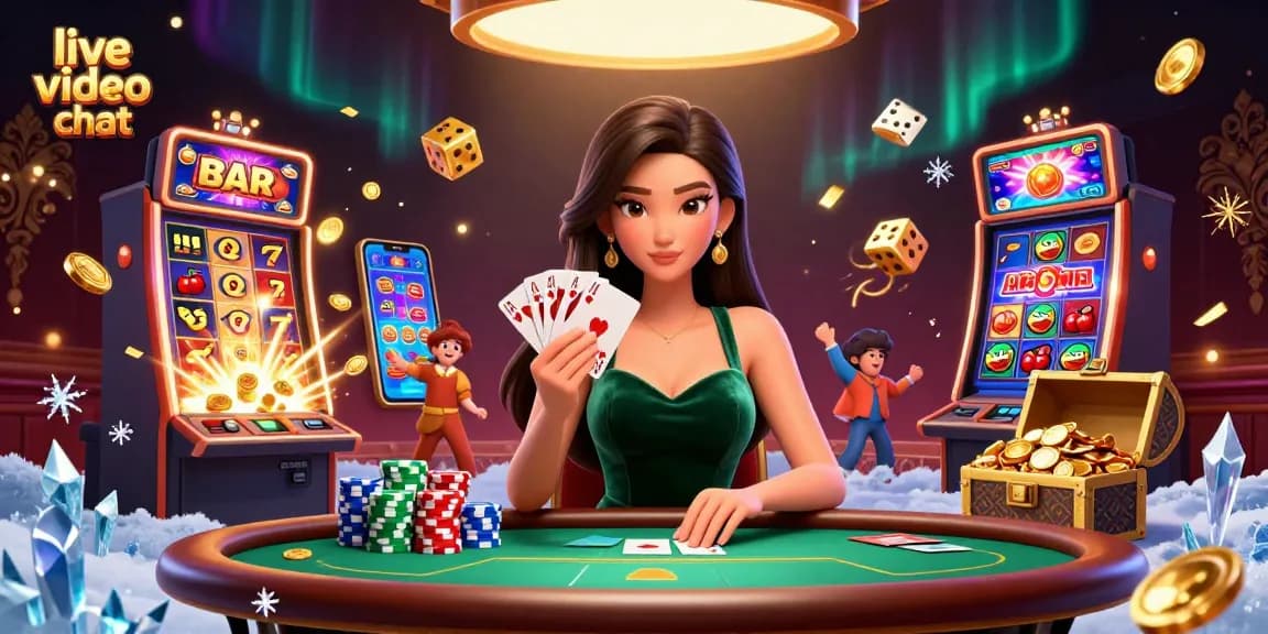Experience engaging live video chat in a vibrant casino atmosphere with exciting elements.