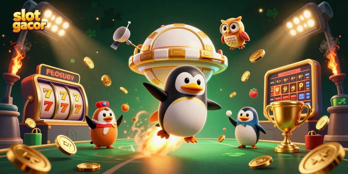 Slot gacor menampilkan penguin emas meluncur lewat luar angkasa dengan simbol slot dan koin emas.