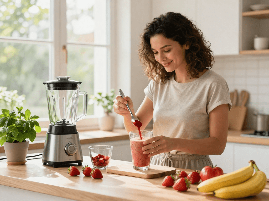 Preparing a smoothie with Haematococcus pluvialis astaxanthin in a bright kitchen.