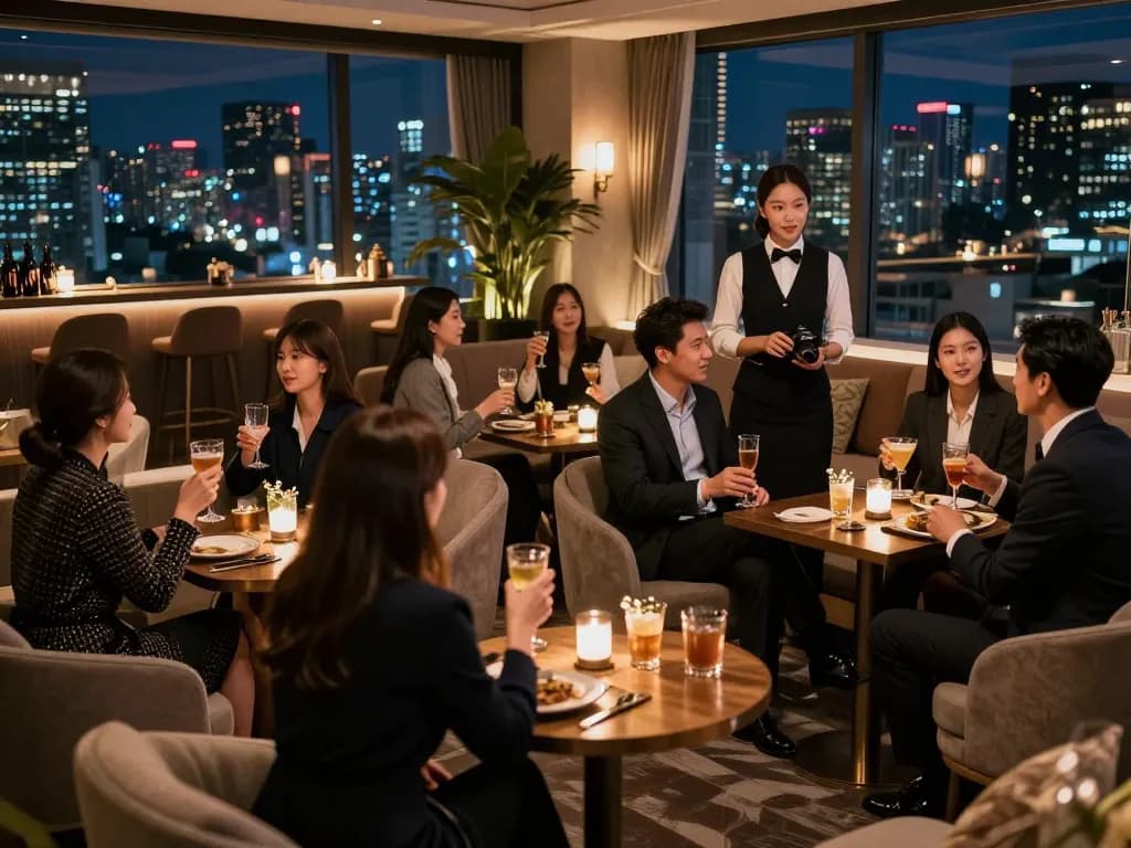 Experience the vibrant atmosphere of 강남쩜오 with stylish nightlife and premium service in a sophisticated lounge.