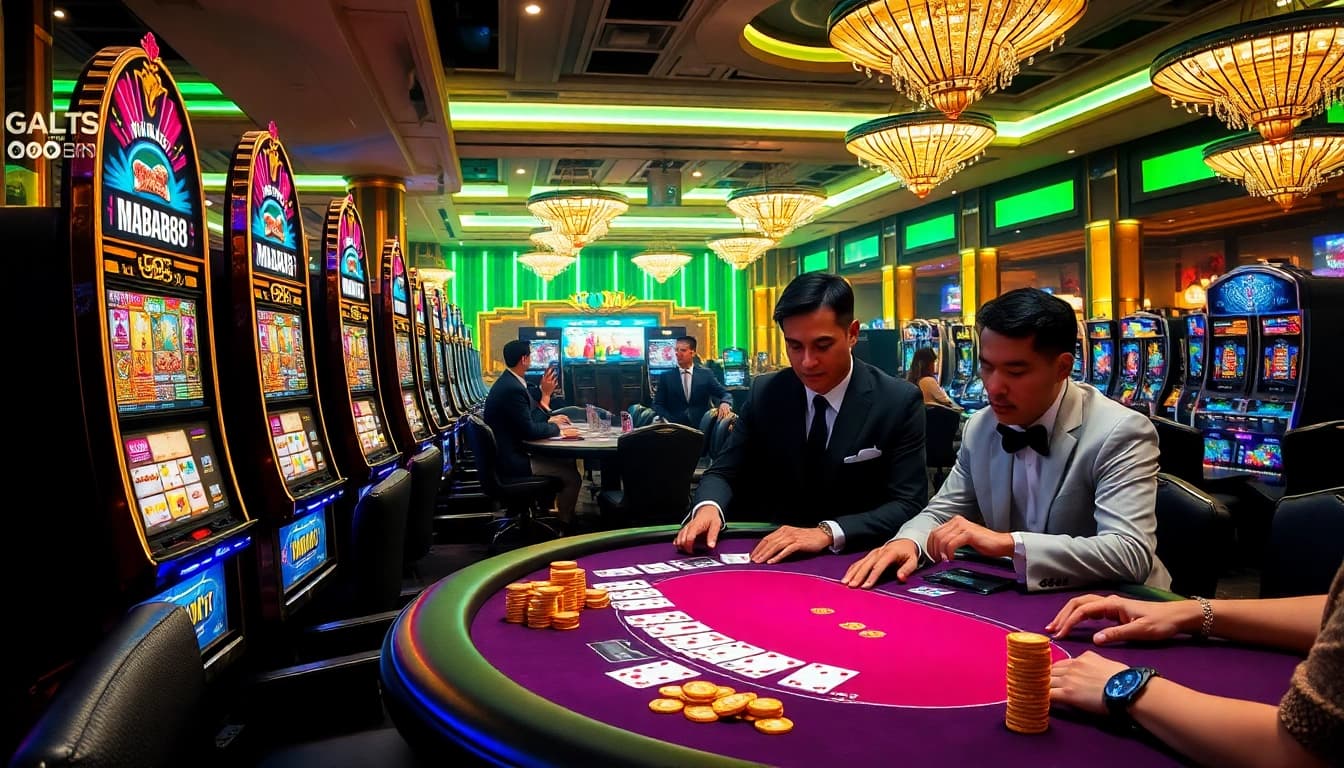 Para pemain meraih kemenangan besar di mesin slot MABAR88 dengan kegembiraan bersinar dalam suasana kasino mewah.