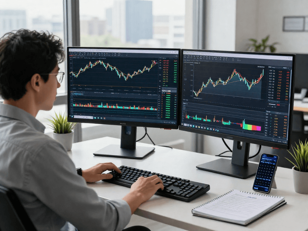 使用metatrader 5进行外汇交易的现代工作场景，显示交易图表和市场深度。