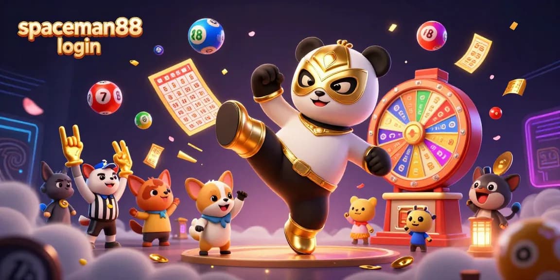 Engage with the excitements of spaceman88 login as a panda wrestler kicks through colorful lottery elements at a vibrant casino scene.