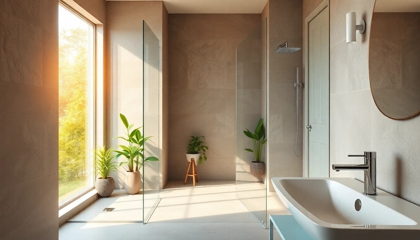 Create an elegant shower UK space highlighting modern design features and a relaxing atmosphere.