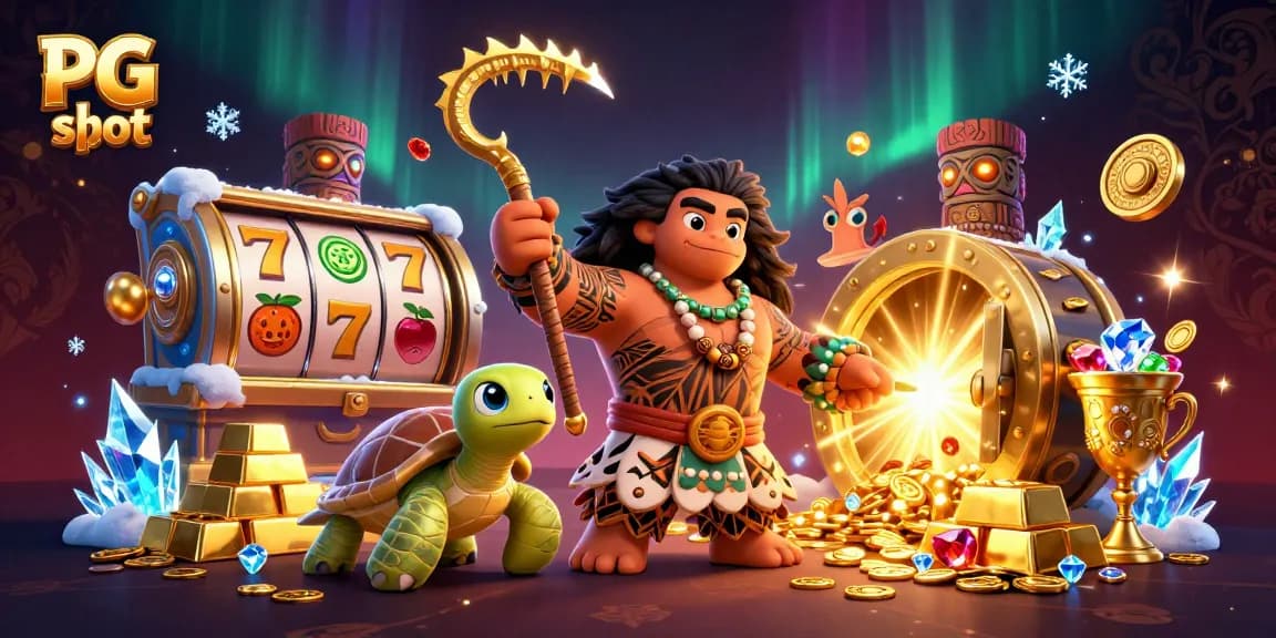 Engage with PG slot excitement featuring a Polynesian demigod and vibrant casino elements in a 3D scene.