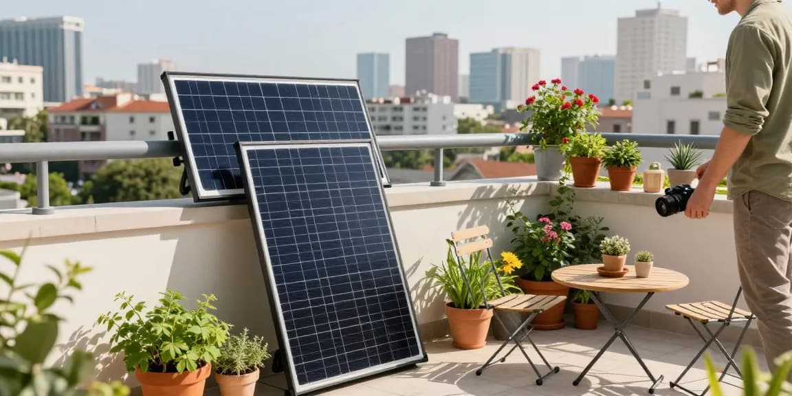 Balcony Solar panel installed on urban balcony with plants, enhancing eco-friendly living.