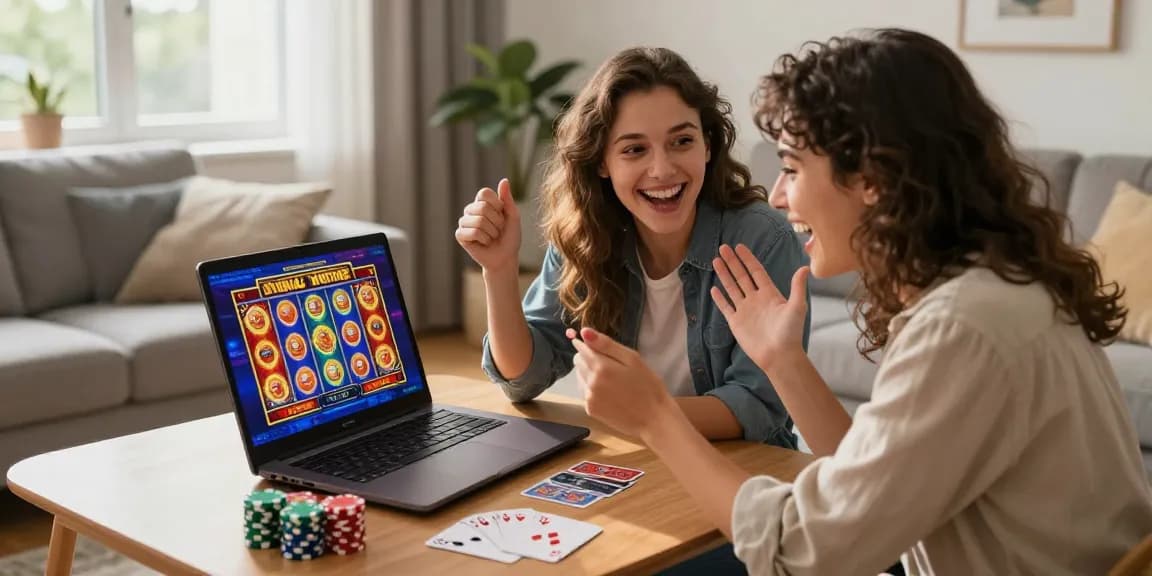 Couple enjoying online gaming experience on thegbhouse.co.uk with vibrant casino graphics, chips, and cards.