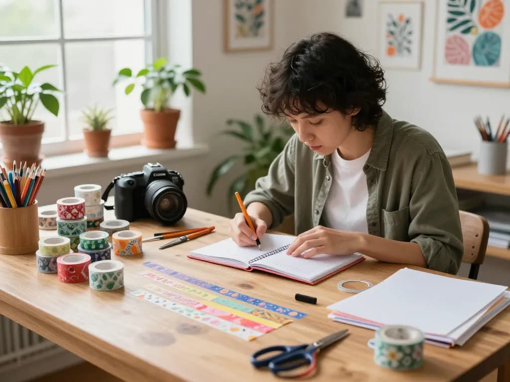 Creative individual decorating with vibrant washi tape in a sunny craft studio.