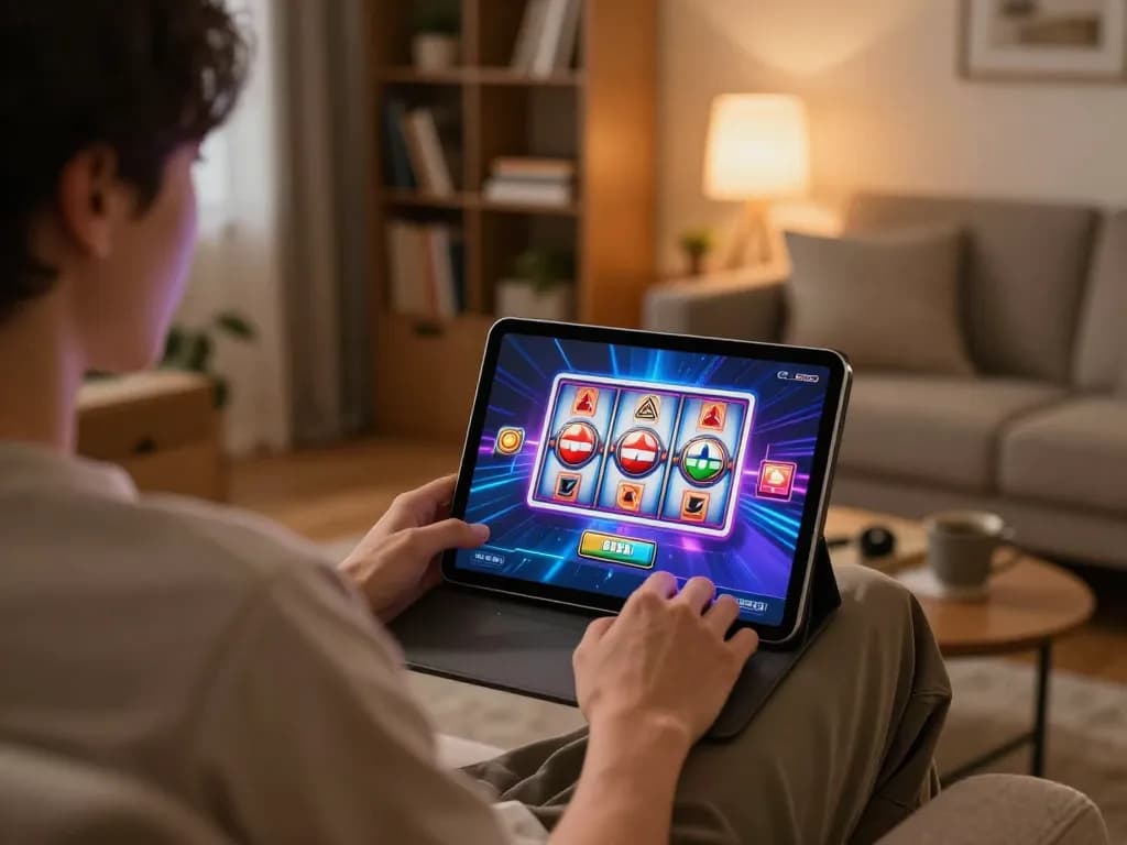 Pemain slot PILARJEPE Thailand menikmati permainan online dengan tablet di lingkungan ruang tamu yang nyaman