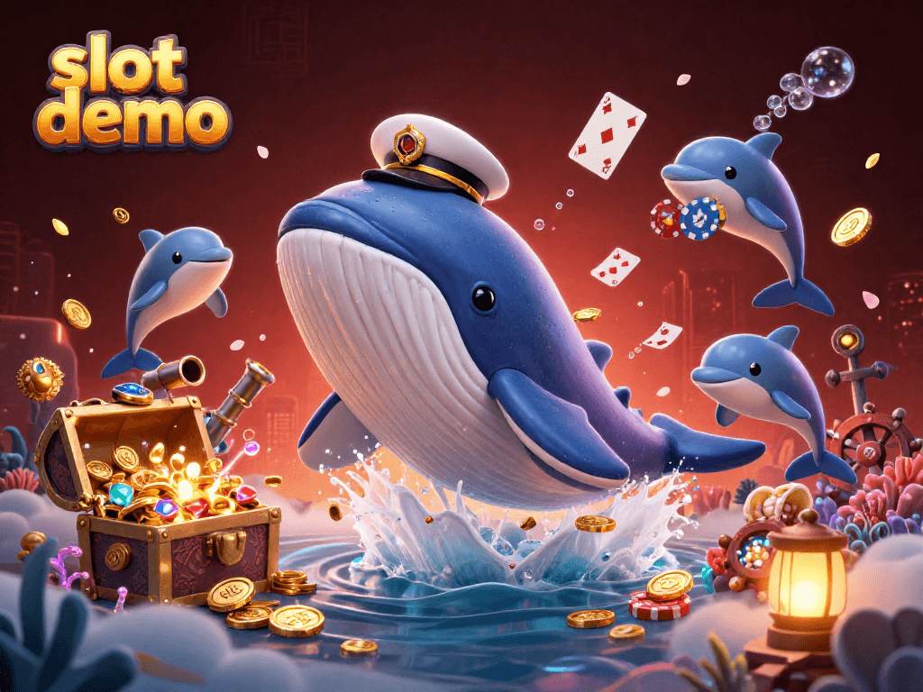 Slot demo menampilkan paus 3D raksasa dan narwhal di lingkungan bawah air dengan koin emas.