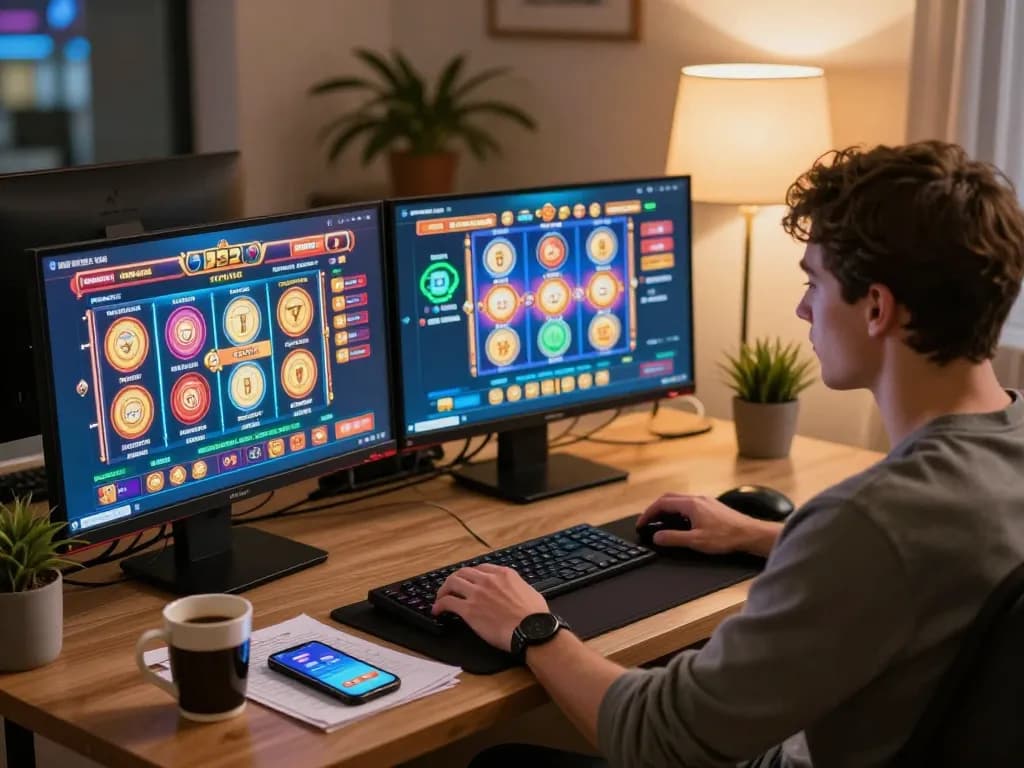 Engaging in b52 online slot gaming from a modern home setup, showcasing gameplay interface with strategic notes nearby.