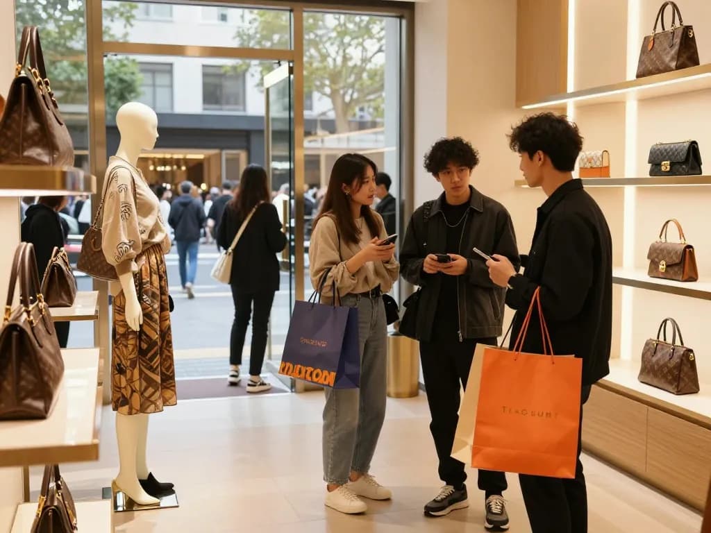 Fashion enthusiasts examining 레플리카 designer bags in a trendy urban retail setting.