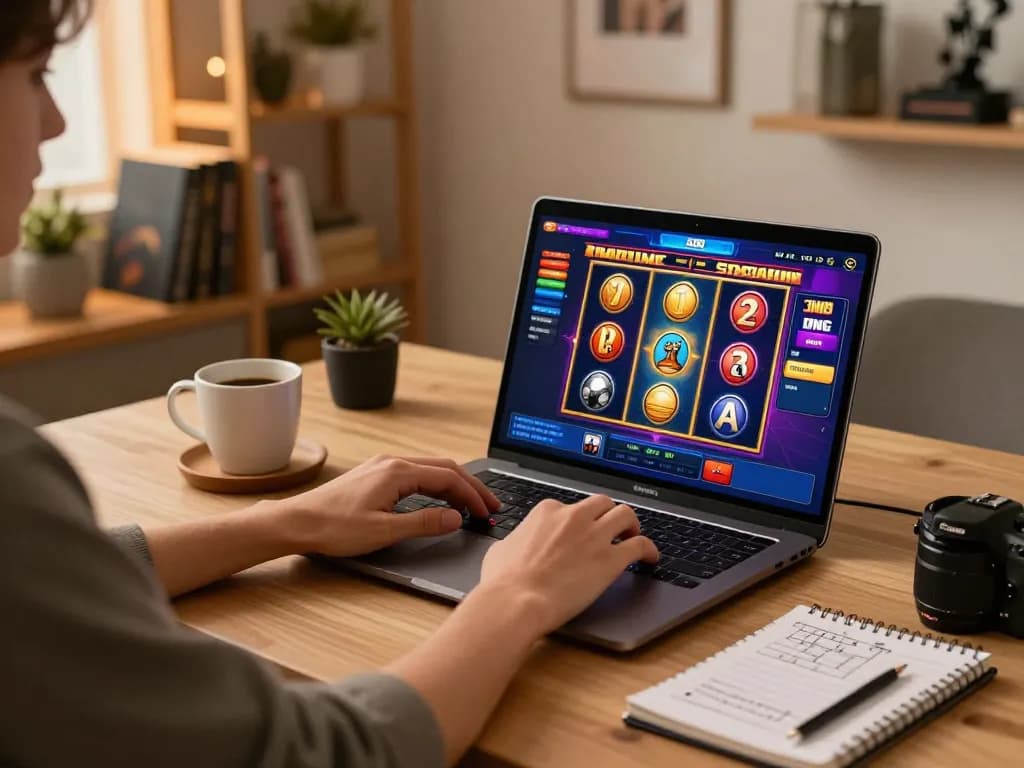 Engaging session of playing slot online on a laptop in a stylish home setup, showcasing gaming strategy notes.