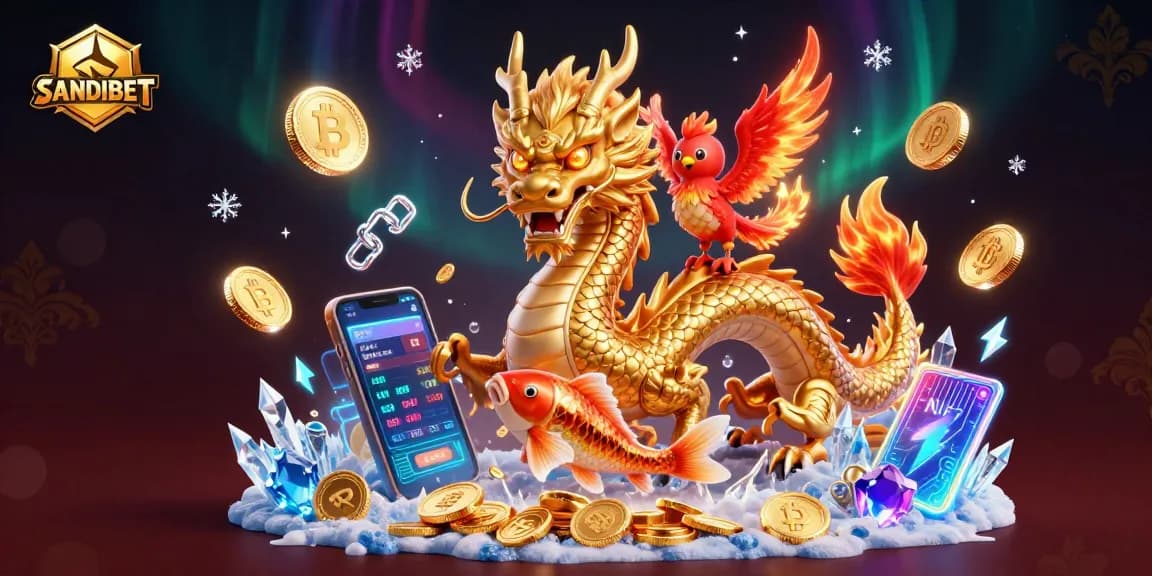 SANDIBET showcases an exciting scene with a dragon, phoenix, and koi fish amidst cryptocurrency elements.